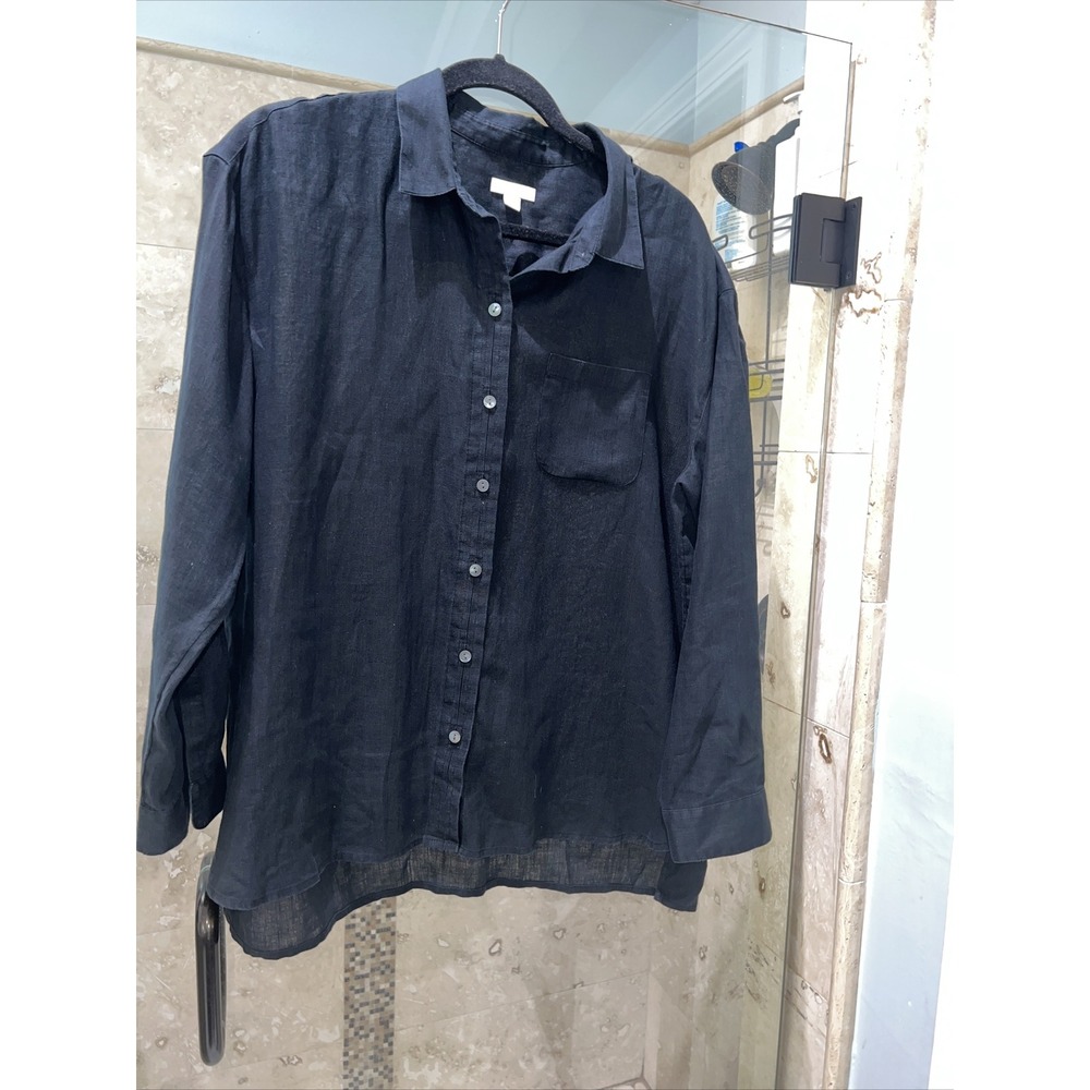 J Jill Love Linen Long Sleeve Button Blouse Black Size L Casual Boho